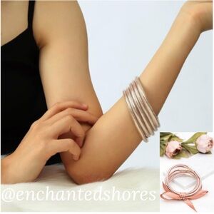 Stacked Bracelets Lux Champagne Rose Gold Bow Ribbon Glitter Jelly Cuff Set